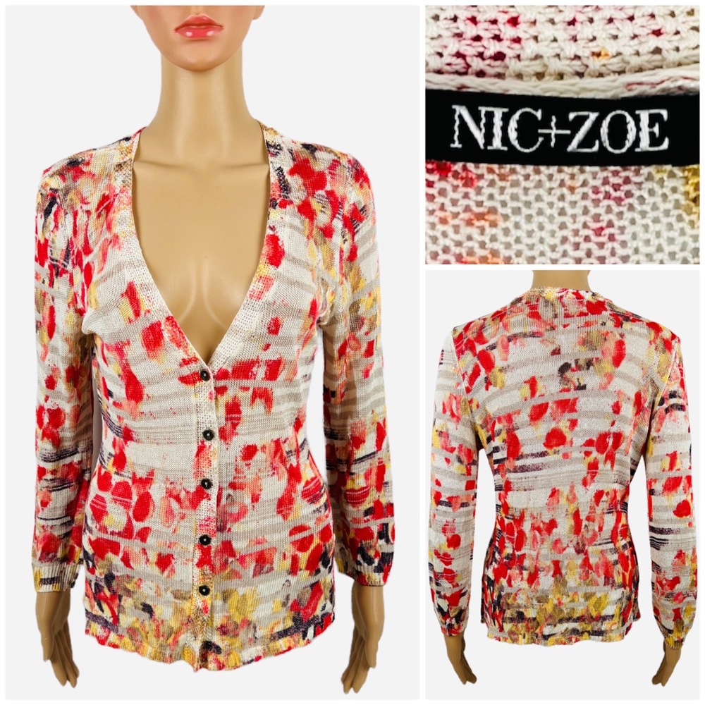 Nic+Zoe Womens Medium Cardigan Sweater Linen Blend Open Knit Buttons EUC